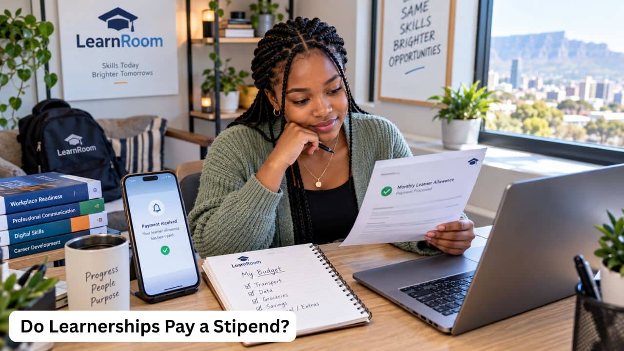 South African learnership participant reviewing a learner allowance and monthly budget