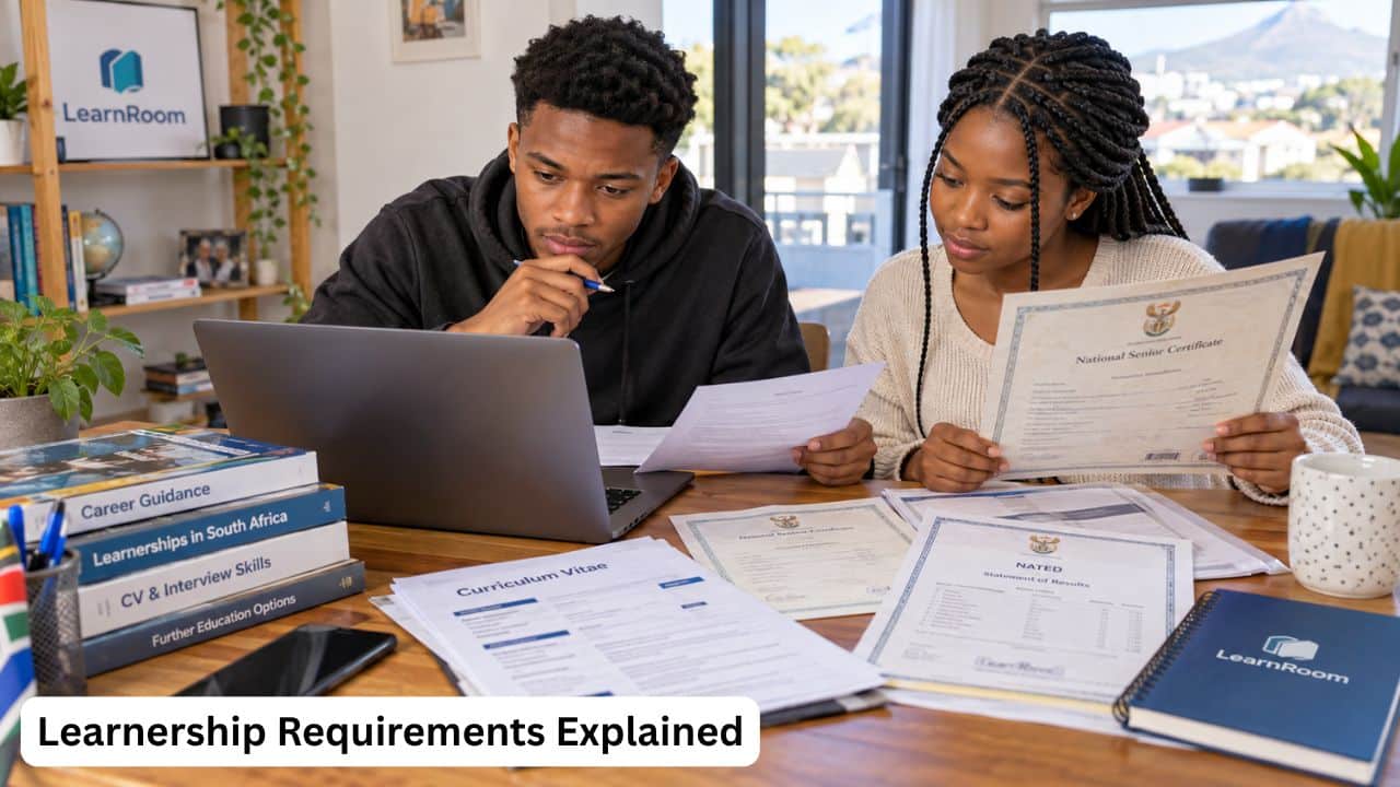 Young South African applicant checking learnership requirements and qualification documents